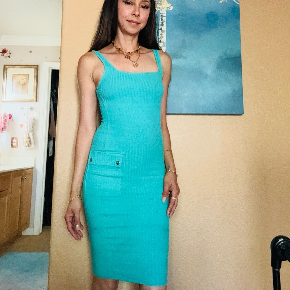 Fashion Nova Teal Ribbed Midi Dress